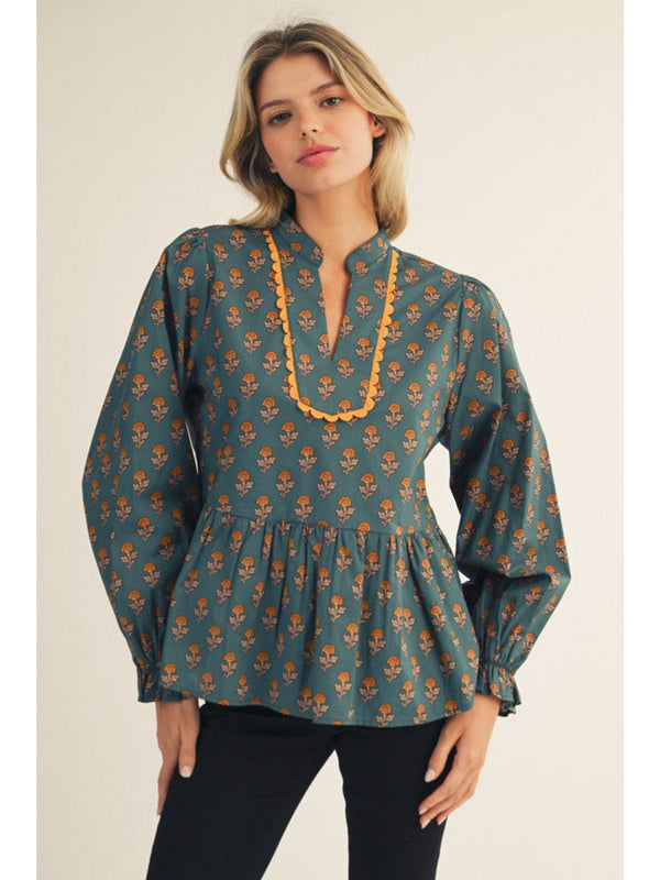 Jodifl Ruffled Long Sleeve Floral Peplum Top