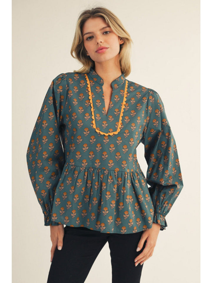 Jodifl Ruffled Long Sleeve Floral Peplum Top