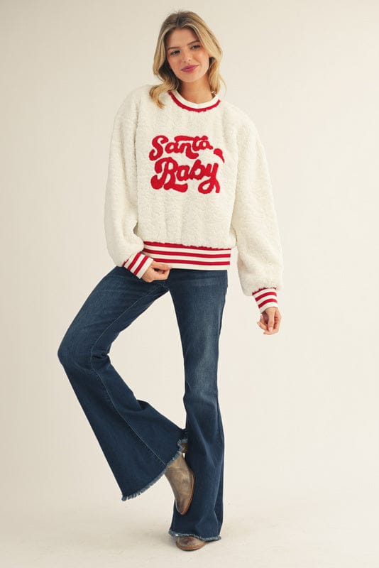 Jodifl Santa Baby Script Embroidered Fuzzy Sweatshirt