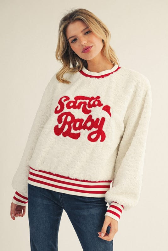 Jodifl Santa Baby Script Embroidered Fuzzy Sweatshirt