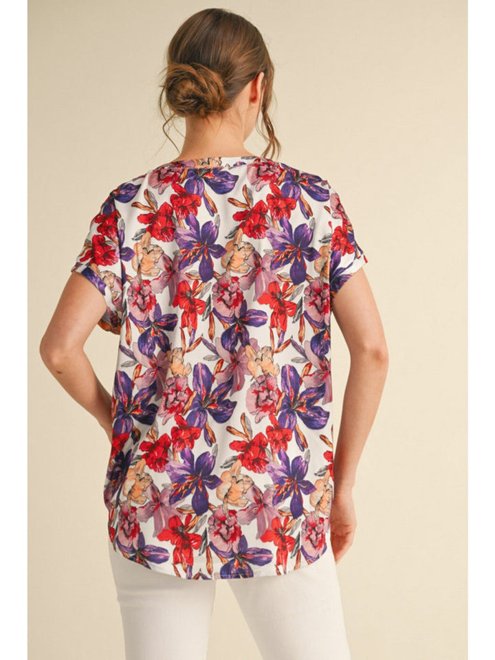 Jodifl Satin Floral Print V-Neck Short Cap Sleeve Top with Front Chest Pocket