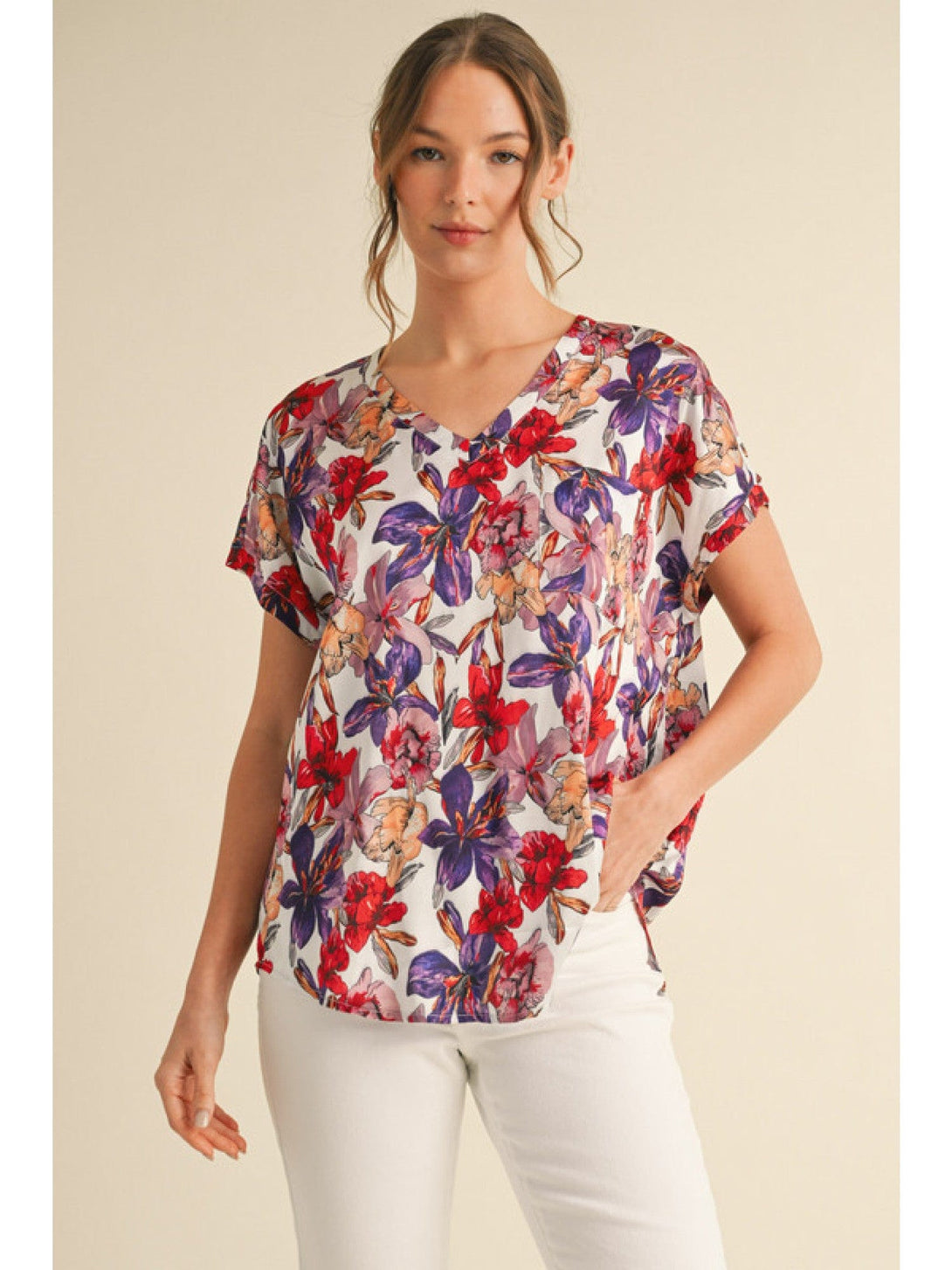 Jodifl Satin Floral Print V-Neck Short Cap Sleeve Top with Front Chest Pocket