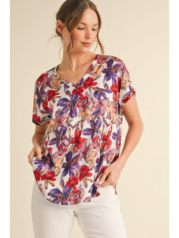Jodifl Satin Floral Print V-Neck Short Cap Sleeve Top with Front Chest Pocket