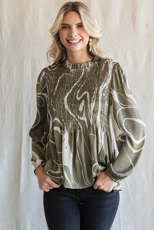 Jodifl Satin Swirl Print Baby Doll Top With Frilled Neck, Back Key Hole, Smocked Bodice, and Long Bubble Sleeves