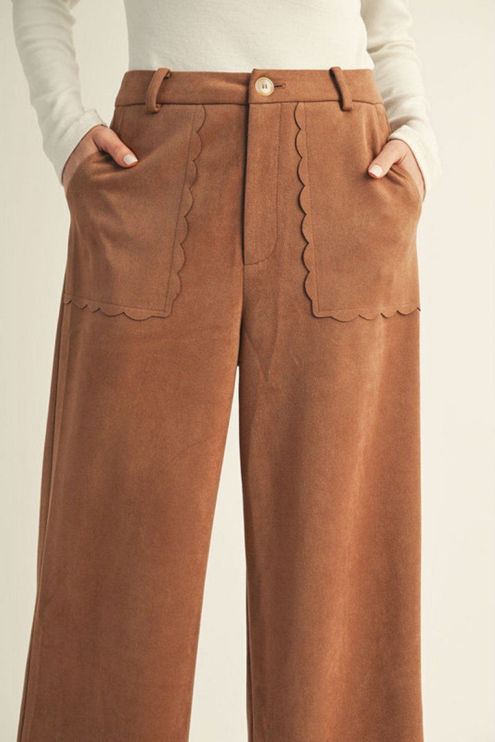 Jodifl Scallop Edge Accented Wide Leg Suede Pants