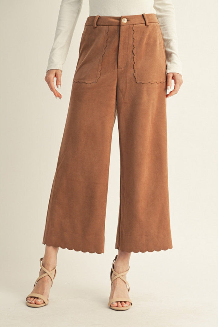 Jodifl Scallop Edge Accented Wide Leg Suede Pants