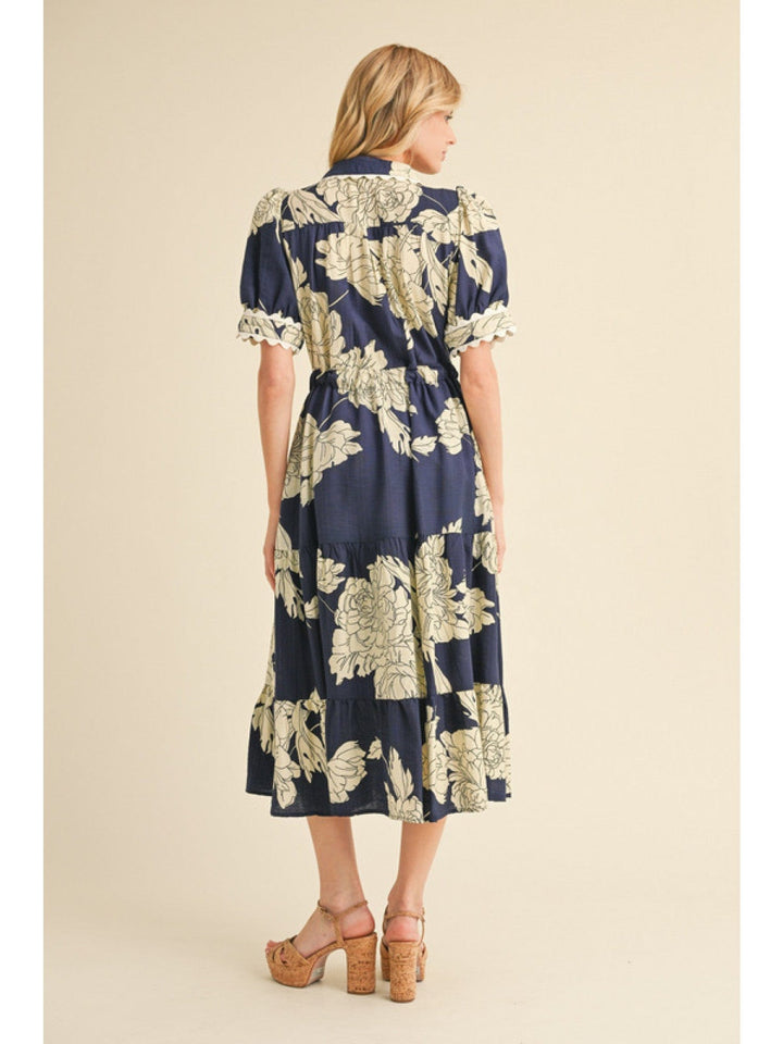 Jodifl Scallop Trim Accented Button Closure Bodice Floral Print Midi Dress