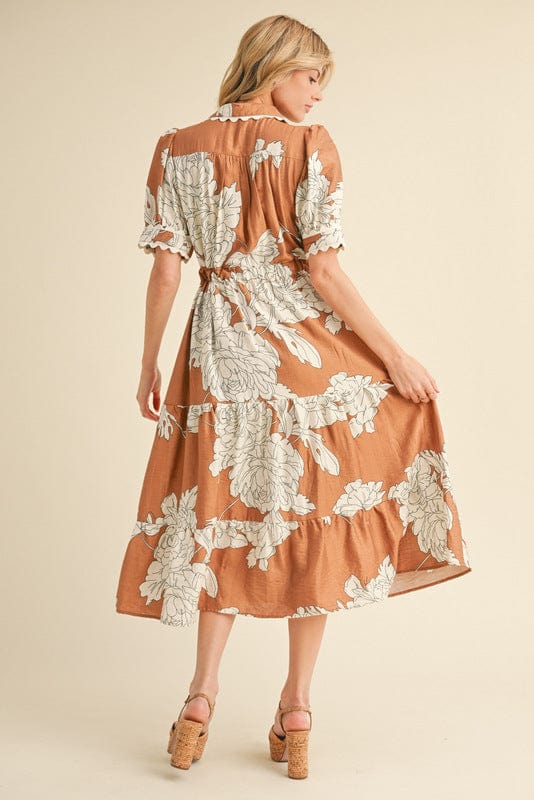 Jodifl Scallop Trim Accented Button Closure Bodice Floral Print Midi Dress