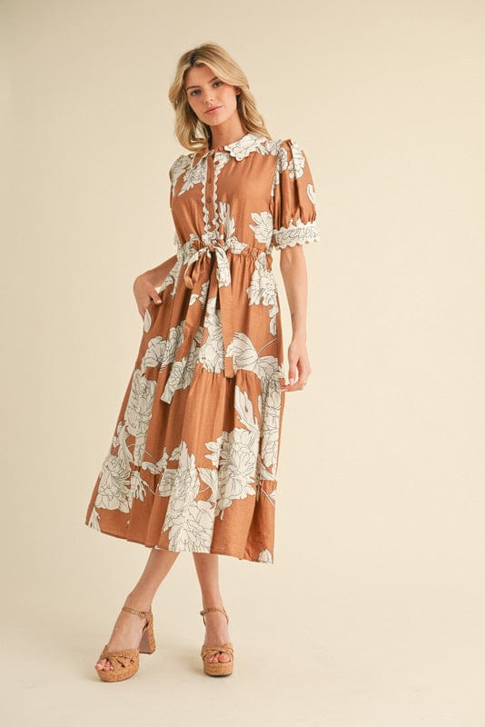 Jodifl Scallop Trim Accented Button Closure Bodice Floral Print Midi Dress