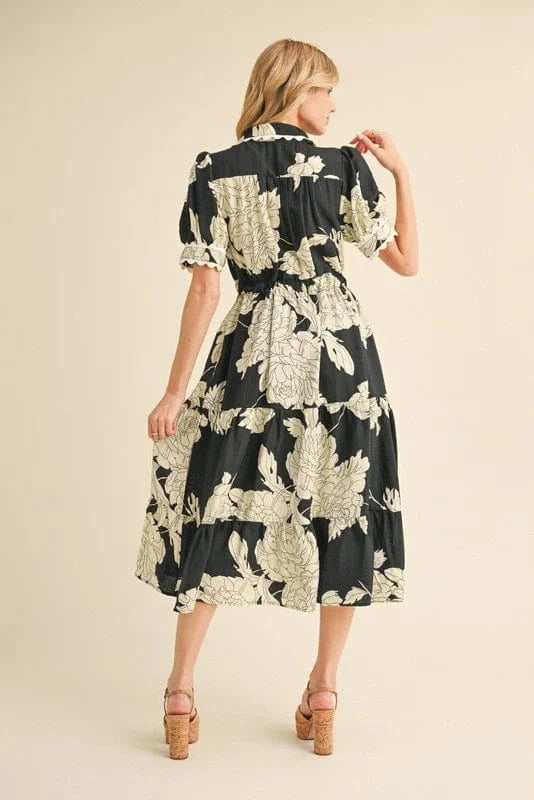 Jodifl Scallop Trim Accented Button Closure Bodice Floral Print Midi Dress