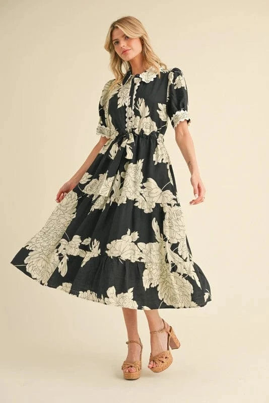 Jodifl Scallop Trim Accented Button Closure Bodice Floral Print Midi Dress