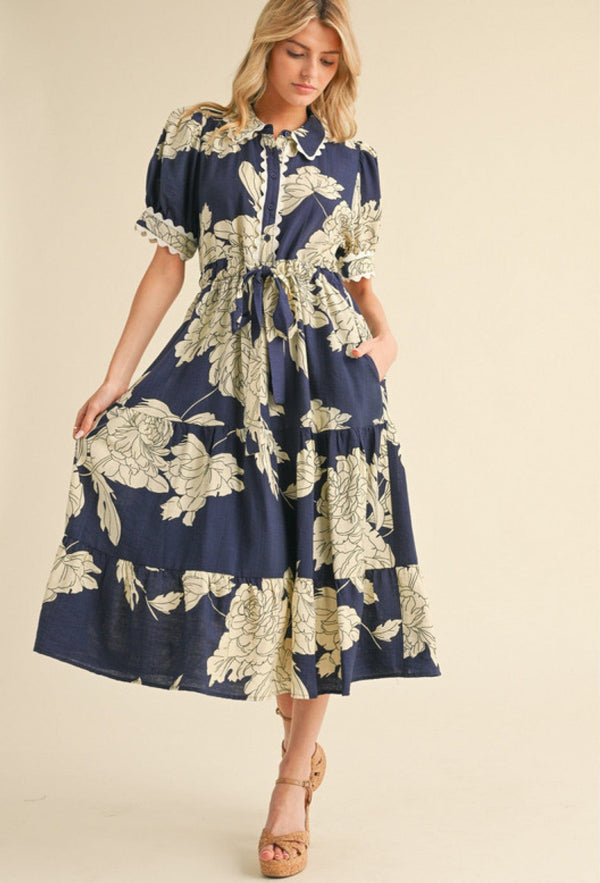 Jodifl Scallop Trim Accented Button Closure Bodice Floral Print Midi Dress