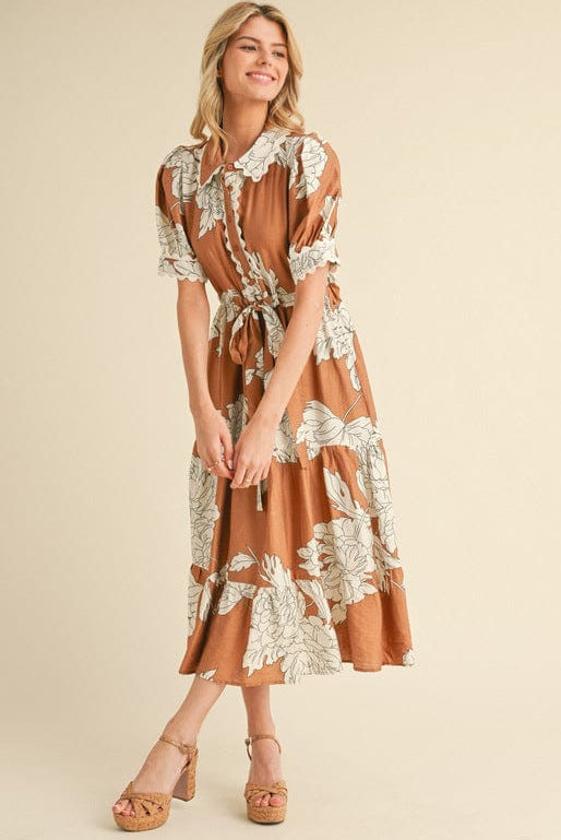 Jodifl Scallop Trim Accented Button Closure Bodice Floral Print Midi Dress