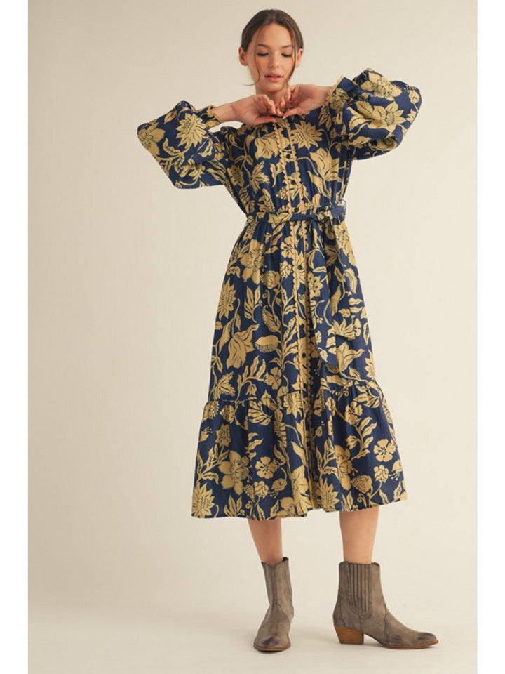 Jodifl Scalloped Edge Button Placket Long Puff Sleeve Floral Print Midi Dress