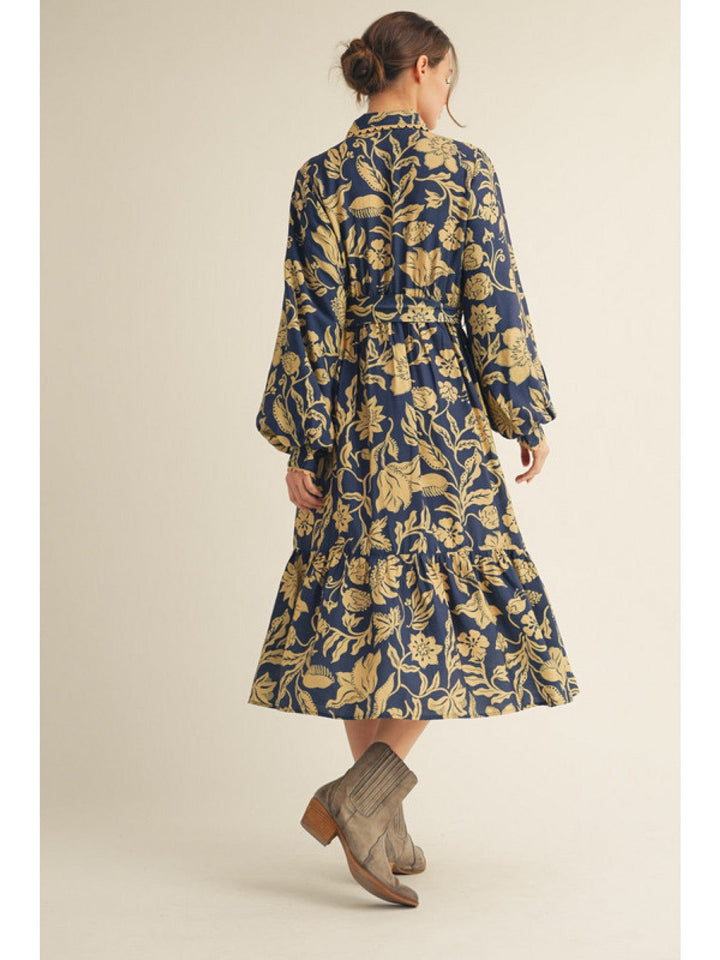 Jodifl Scalloped Edge Button Placket Long Puff Sleeve Floral Print Midi Dress