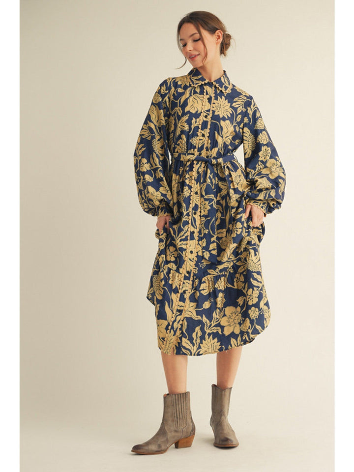 Jodifl Scalloped Edge Button Placket Long Puff Sleeve Floral Print Midi Dress