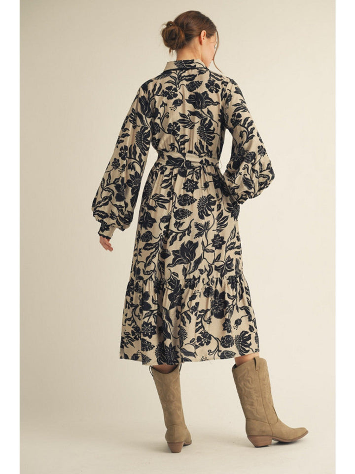 Jodifl Scalloped Edge Button Placket Long Puff Sleeve Floral Print Midi Dress