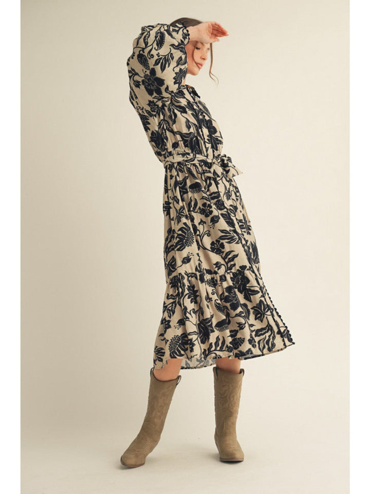 Jodifl Scalloped Edge Button Placket Long Puff Sleeve Floral Print Midi Dress