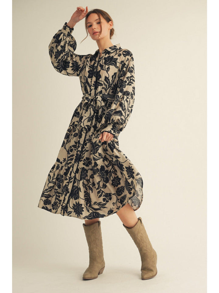 Jodifl Scalloped Edge Button Placket Long Puff Sleeve Floral Print Midi Dress