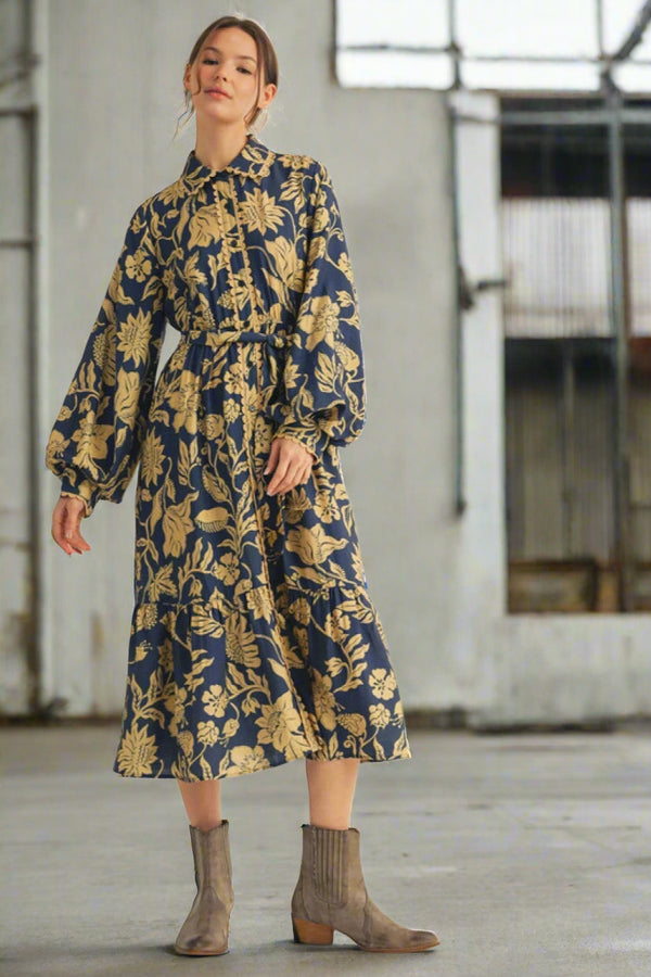 Jodifl Scalloped Edge Button Placket Long Puff Sleeve Floral Print Midi Dress