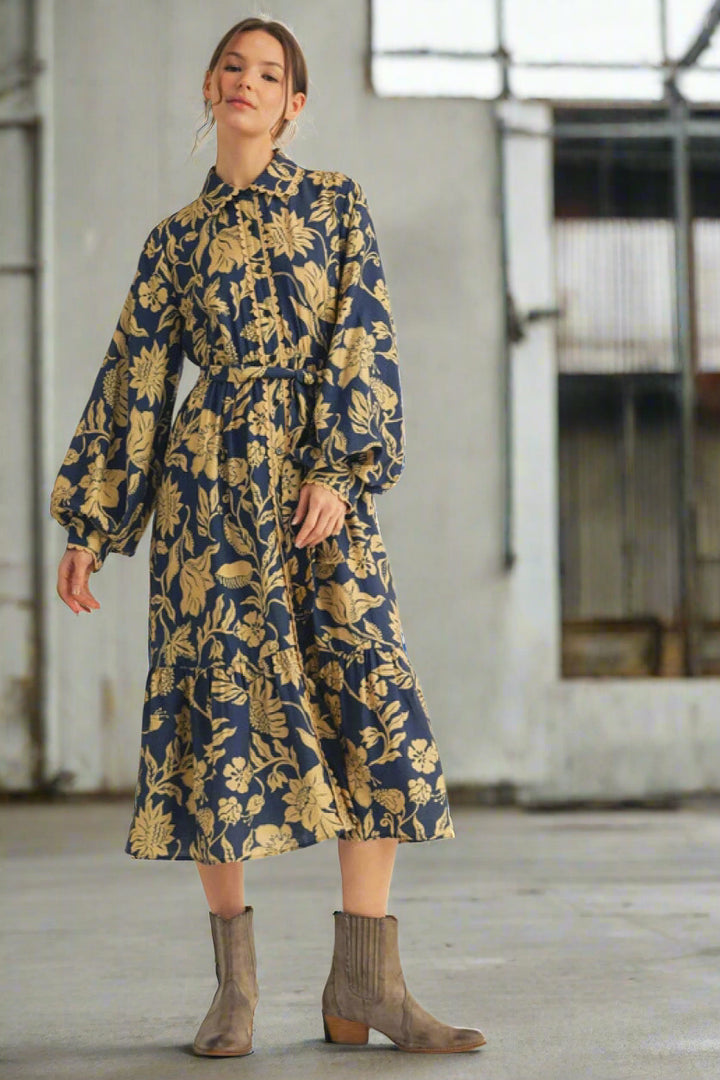 Jodifl Scalloped Edge Button Placket Long Puff Sleeve Floral Print Midi Dress