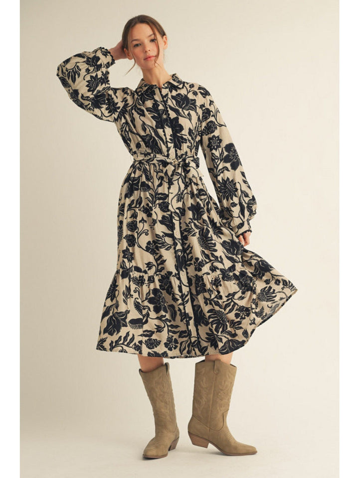 Jodifl Scalloped Edge Button Placket Long Puff Sleeve Floral Print Midi Dress