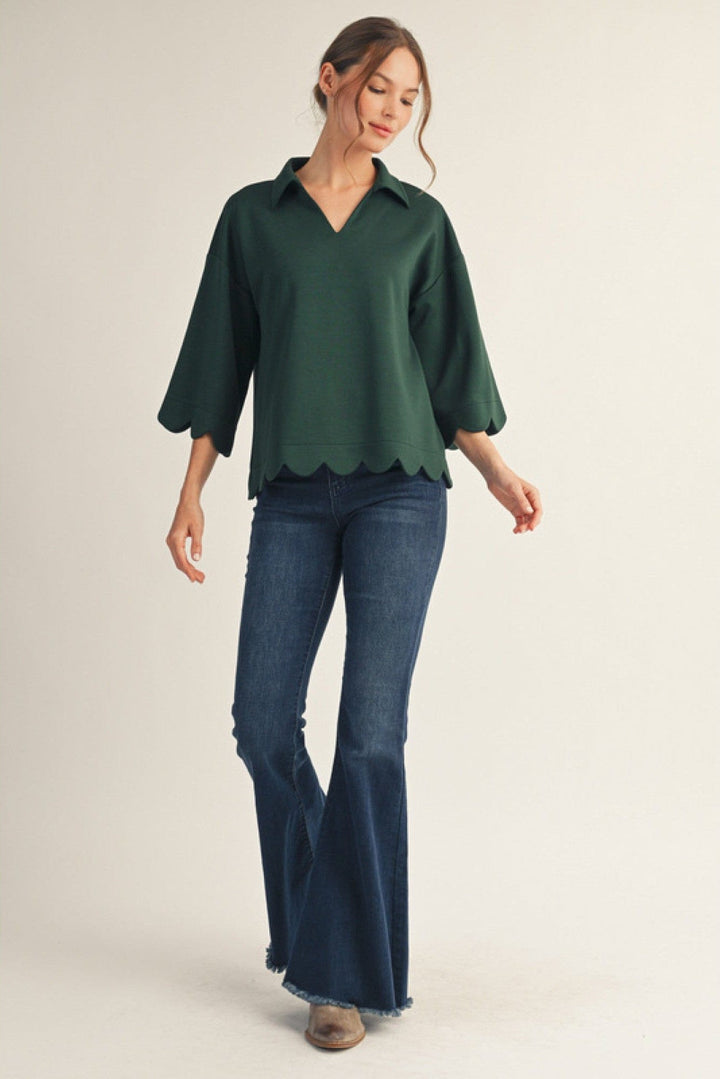 Jodifl Scalloped Edge Collar Neckline 3/4 Sleeve Top