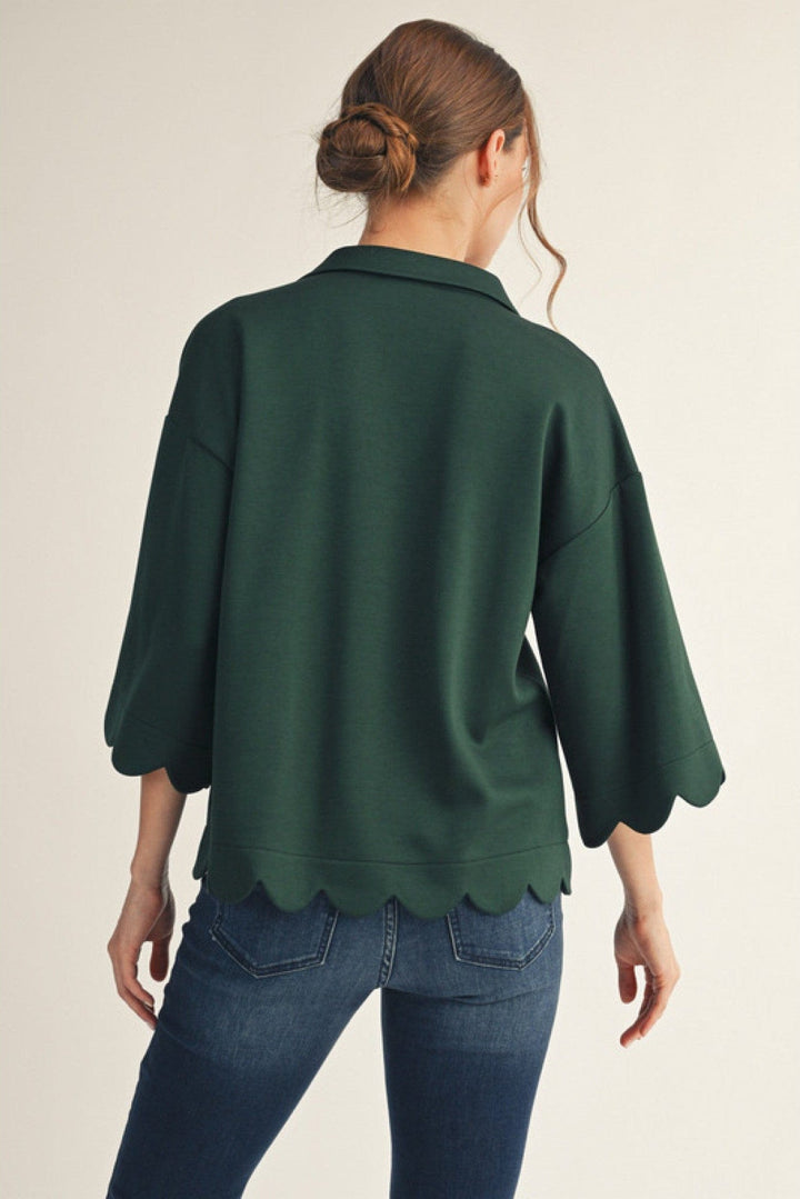 Jodifl Scalloped Edge Collar Neckline 3/4 Sleeve Top