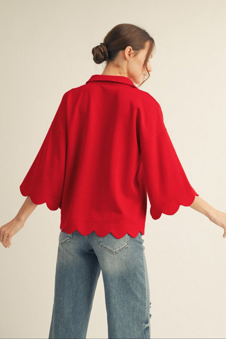 Jodifl Scalloped Edge Collar Neckline 3/4 Sleeve Top