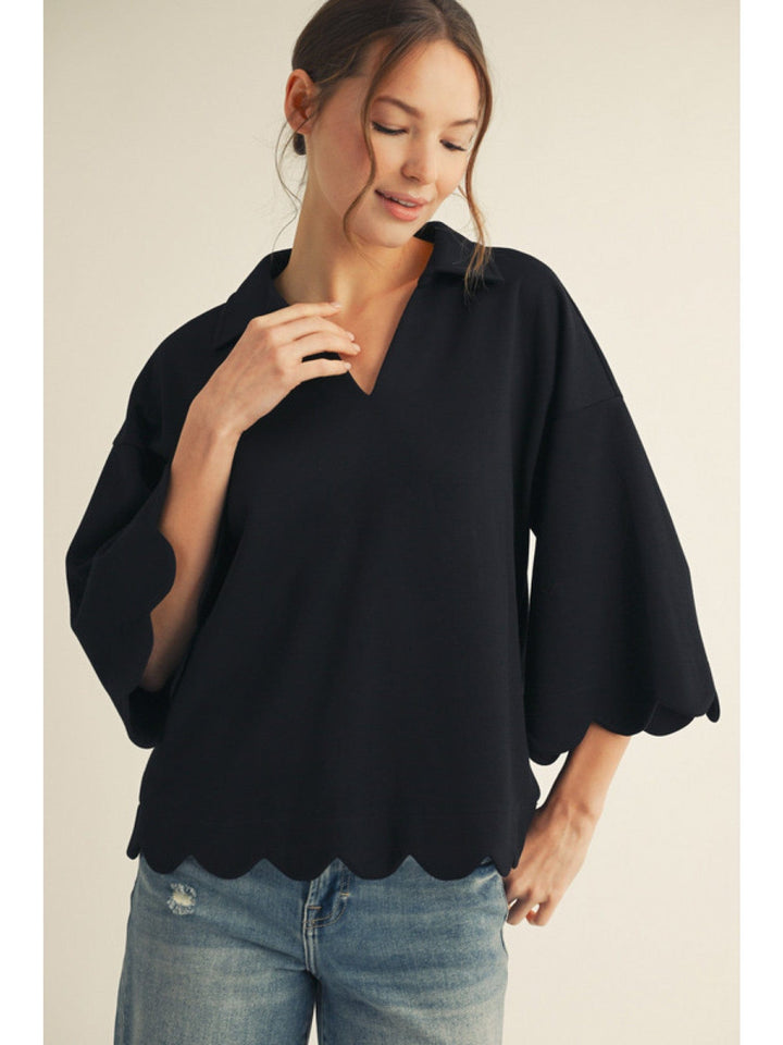 Jodifl Scalloped Edge Collar Neckline 3/4 Sleeve Top