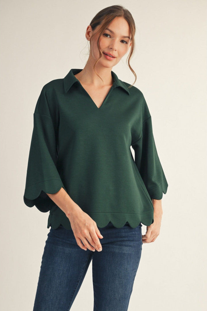Jodifl Scalloped Edge Collar Neckline 3/4 Sleeve Top