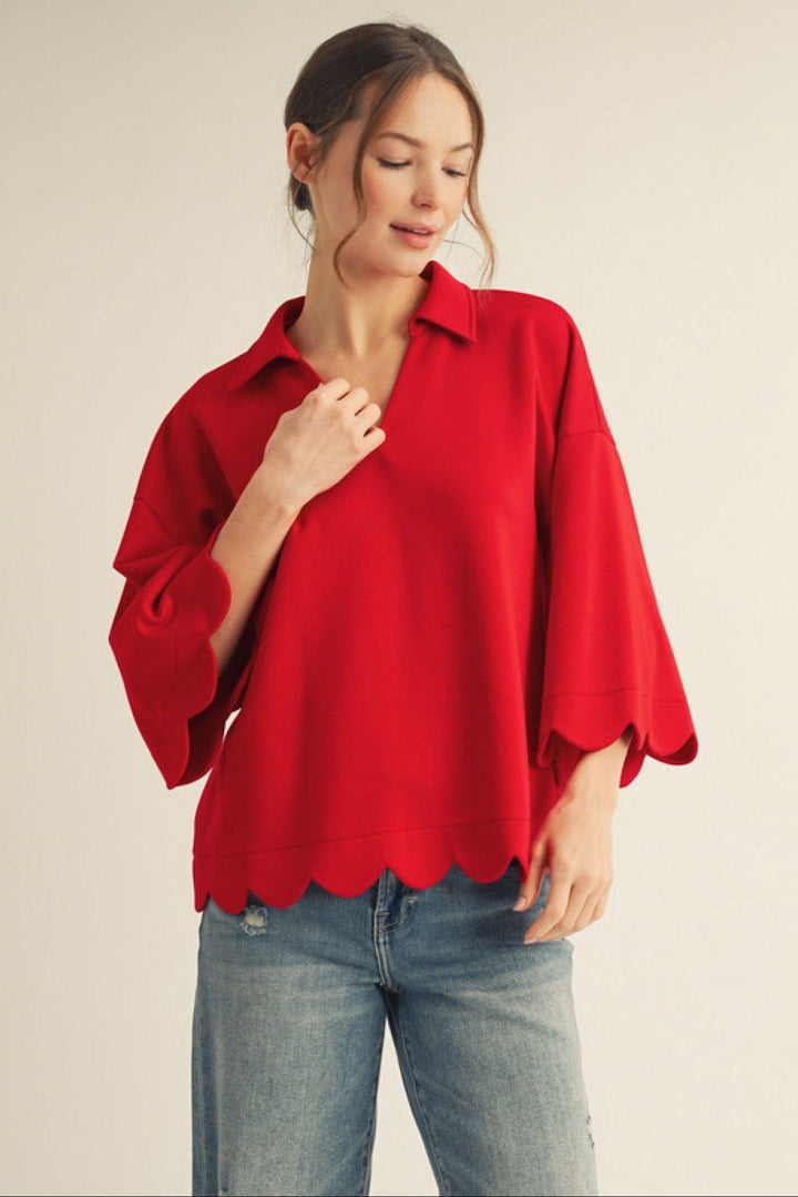 Jodifl Scalloped Edge Collar Neckline 3/4 Sleeve Top