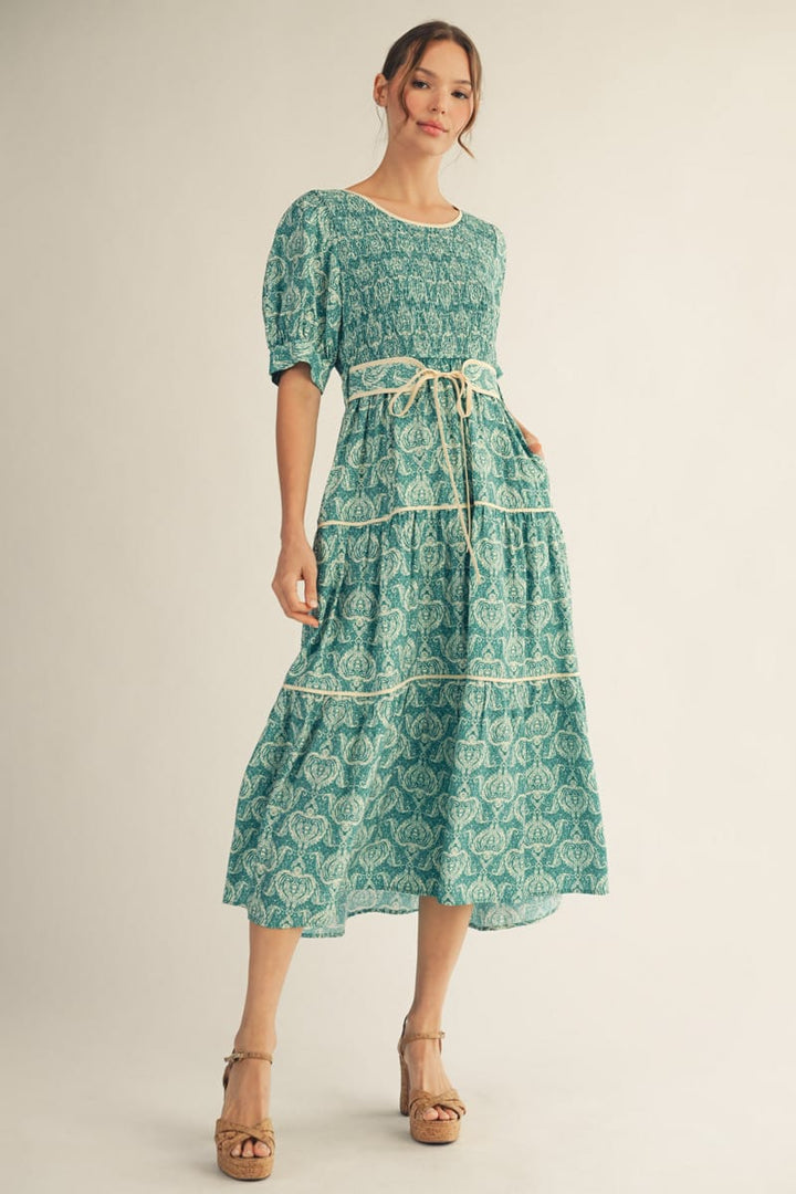 belt bodice midi dress Paneled Bodice Jewel Neck Midi Dress