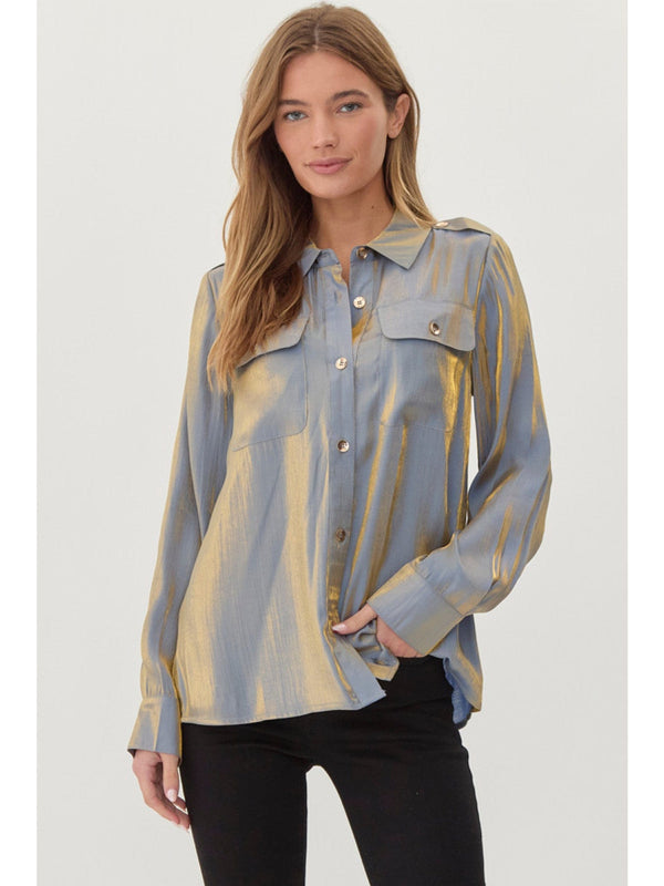 Jodifl Shimmer Collared Neck Button Down Front Pocket Top