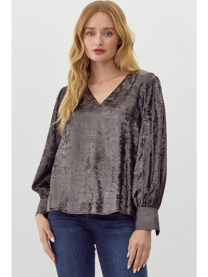 Jodifl Shimmer Material V-Neck Long Puff Sleeve Blouse Top