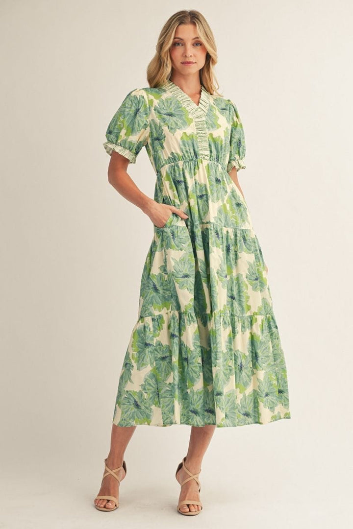 jodifl green dress Short Puff Sleeve Tropical Floral Print Tiered Midi SEXY