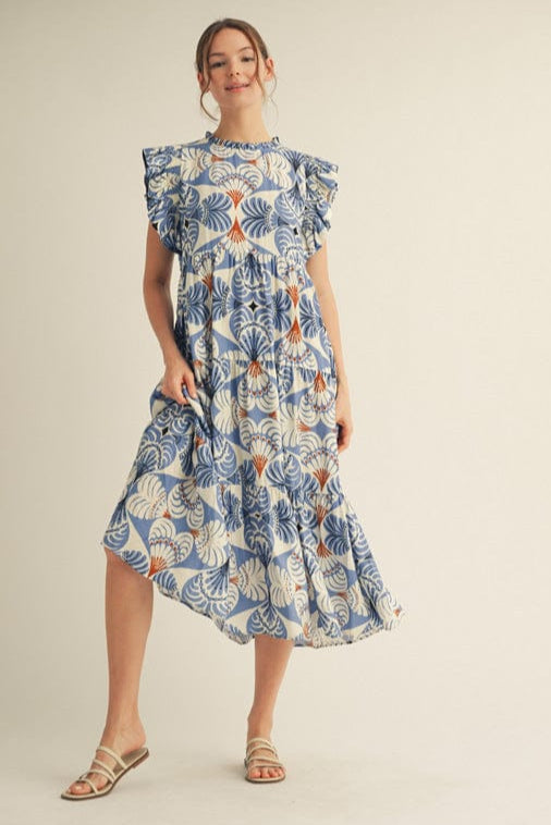 Jodifl Short Ruffle Cap Sleeves Leaf Style Heart Print Tiered Midi Dress