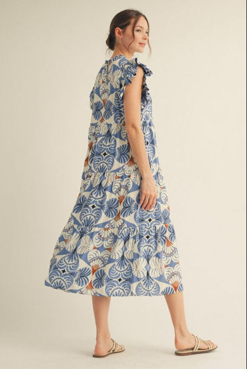 Jodifl Short Ruffle Cap Sleeves Leaf Style Heart Print Tiered Midi Dress