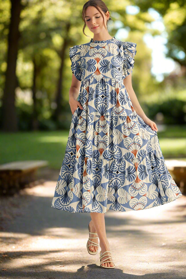 Jodifl Short Ruffle Cap Sleeves Leaf Style Heart Print Tiered Midi Dress