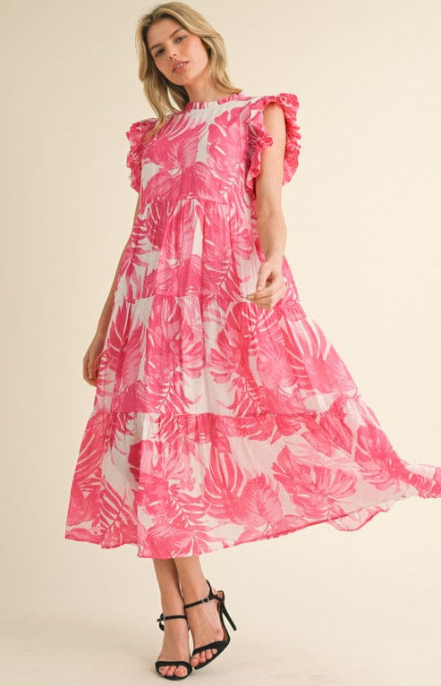 Jodifl Short Ruffle Cap Sleeves Tropical Leaf Print Tiered Midi Dress