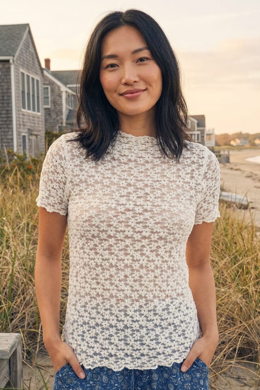 Waffle Knit Long Sleeve Top with Woven Floral Print Accents – jfybrand
