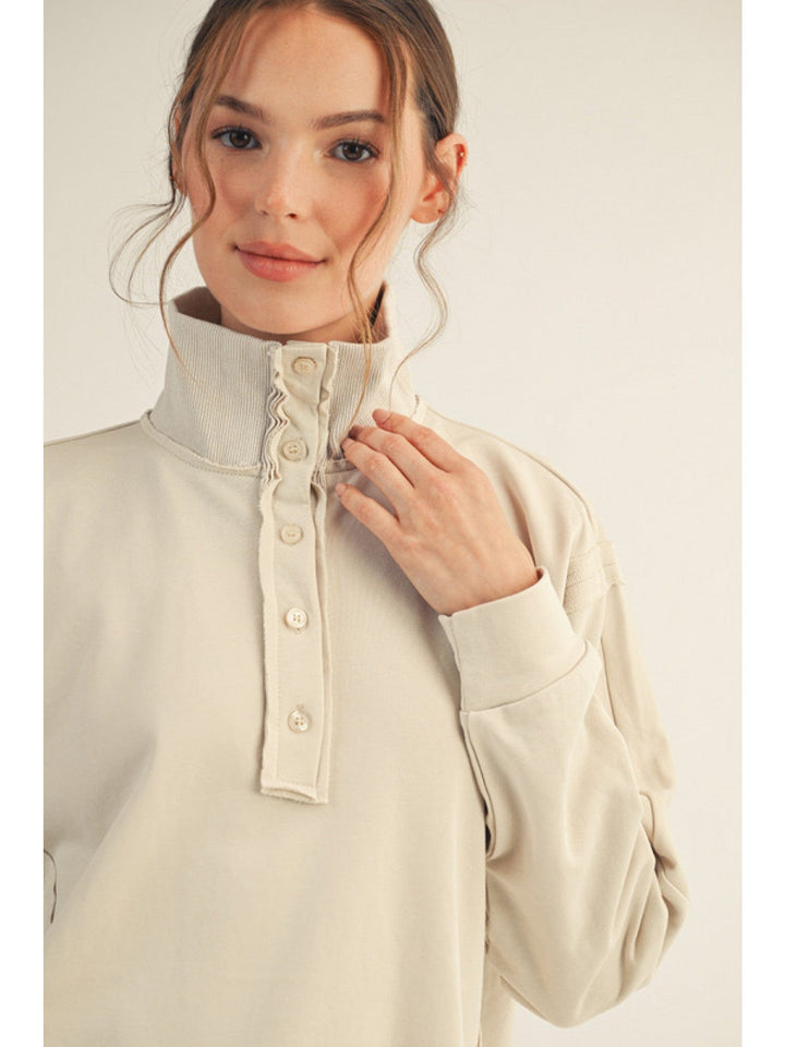 Jodifl Side Slit High Neck Button Placket Solid Top