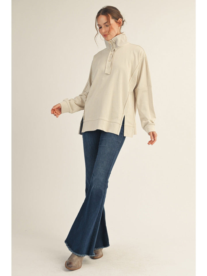 Jodifl Side Slit High Neck Button Placket Solid Top