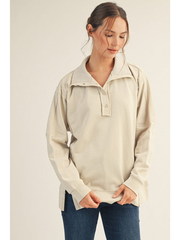 Jodifl Side Slit High Neck Button Placket Solid Top