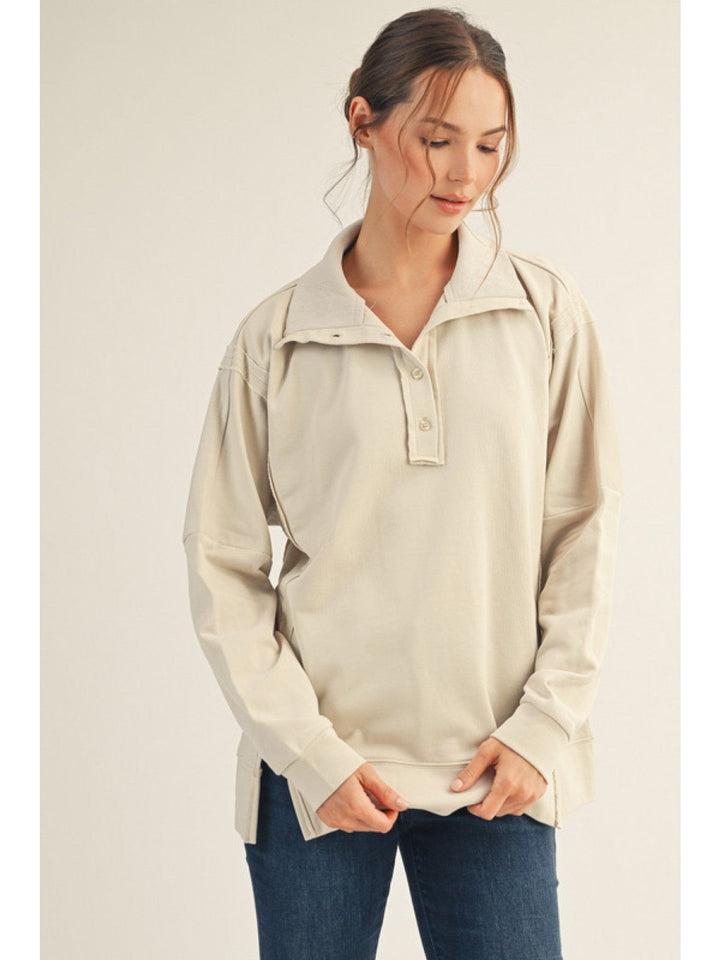 Jodifl Side Slit High Neck Button Placket Solid Top