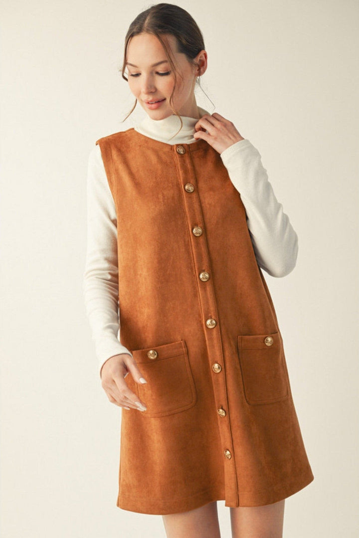 Jodifl Sleeveless Button Down Suede Shift Dress