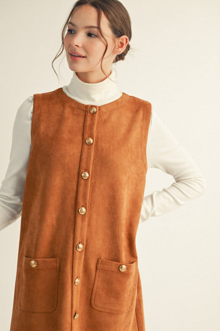 Jodifl Sleeveless Button Down Suede Shift Dress