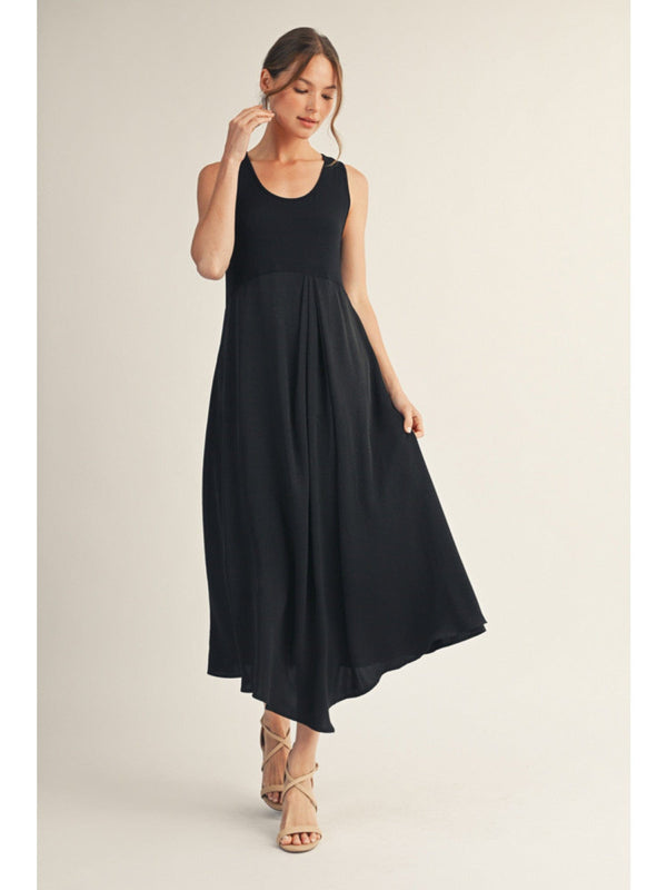 Jodifl Sleeveless Solid Fabric Mix Midi Dress with Front Pleat Detail