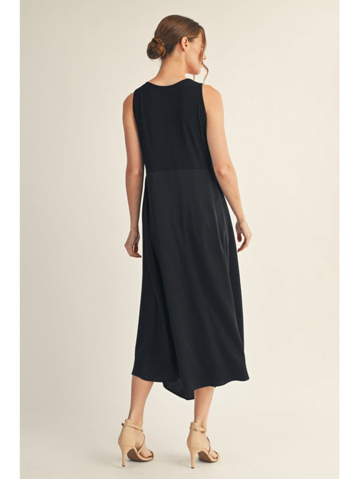 Jodifl Sleeveless Solid Fabric Mix Midi Dress with Front Pleat Detail