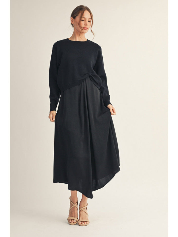 Jodifl Sleeveless Solid Fabric Mix Midi Dress with Front Pleat Detail